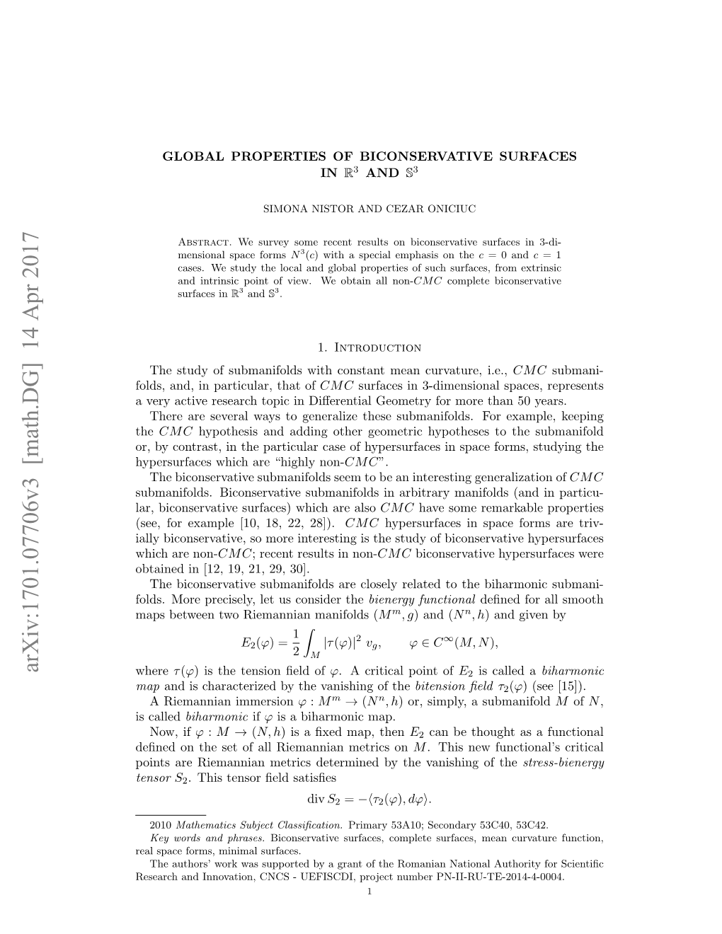 Global Properties of Biconservative Surfaces in $\Mathbb {R}^ 3$ and $\Mathbb {S}^ 3$