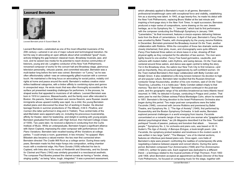 Leonard Bernstein Professional Breakthrough Came with Exceptional Force and Visibility, Establishing Him As a Stunning New Talent