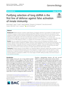 Purifying Selection of Long Dsrna Is the First Line of Defense Against False Activation of Innate Immunity Michal Barak1, Hagit T