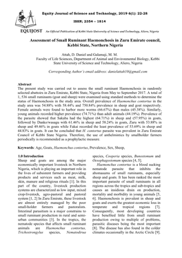 Assessment of Small Ruminant Haemonchosis in Zuru Emirate Council, Kebbi State, Northern Nigeria