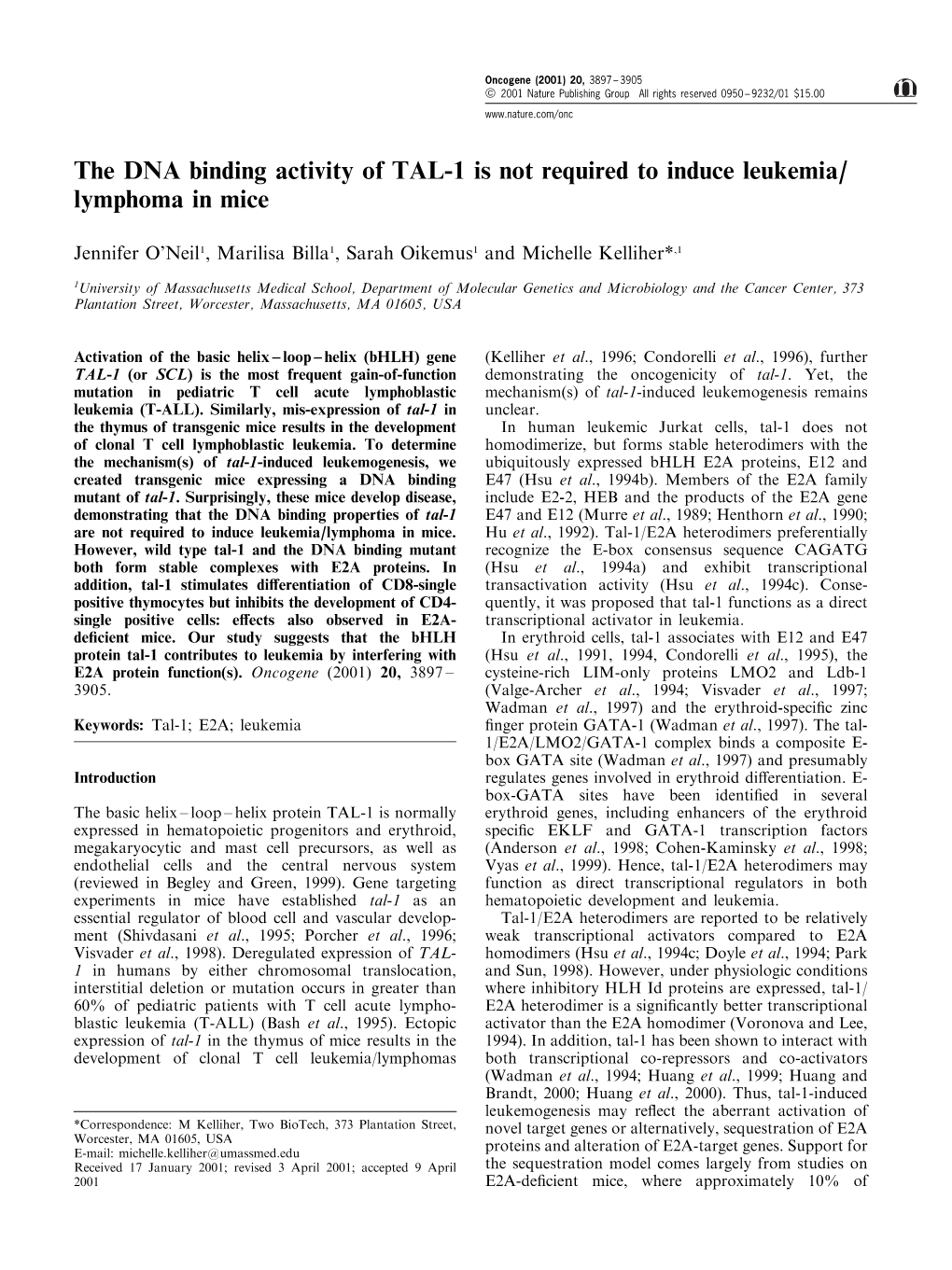 The DNA Binding Activity of TAL-1 Is Not Required to Induce Leukemia/ Lymphoma in Mice