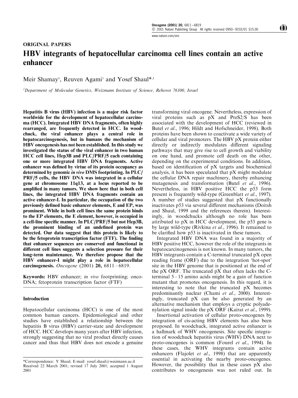 HBV Integrants of Hepatocellular Carcinoma Cell Lines Contain an Active Enhancer