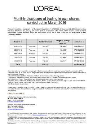 Monthly Disclosure of Trading in Own Shares Carried out in March 2016
