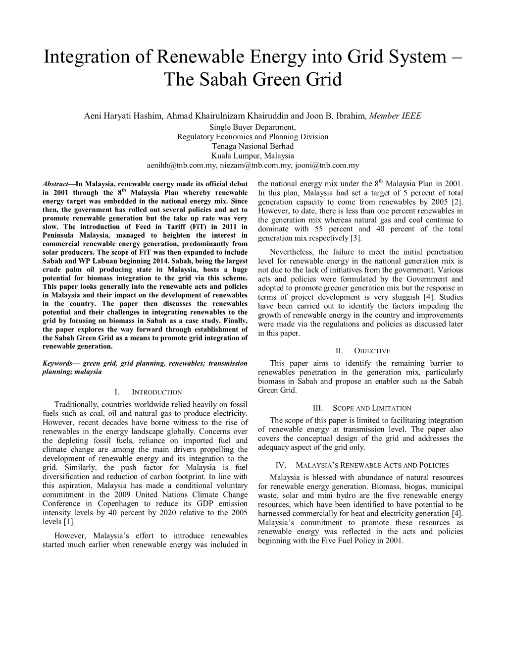 Integration of Renewable Energy Into Grid System – the Sabah Green Grid