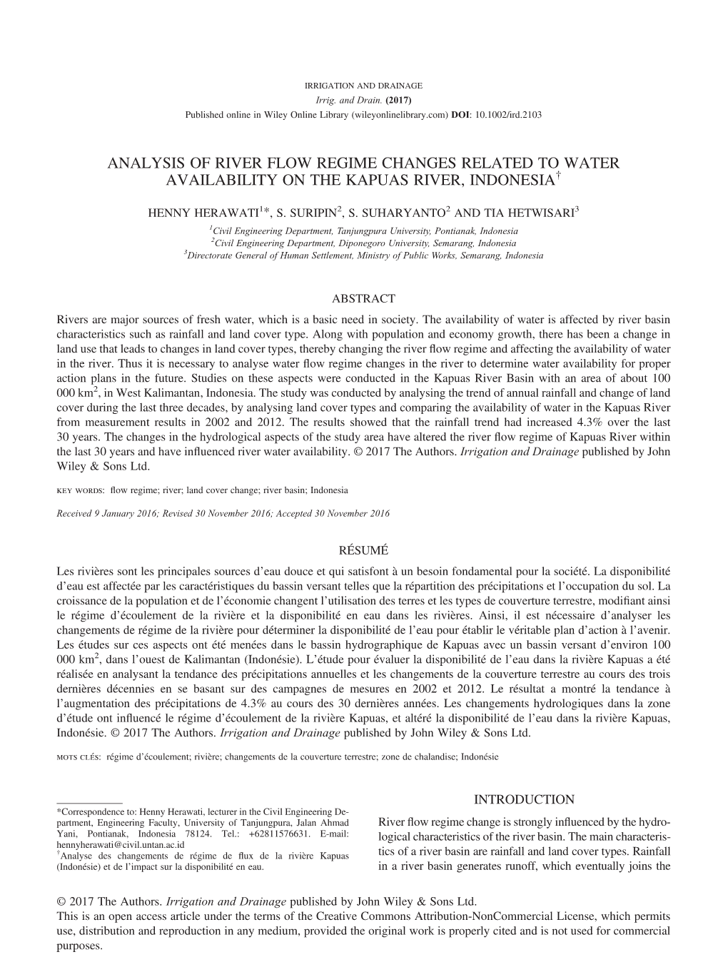 Analysis of River Flow Regime Changes Related to Water Availability on the Kapuas River, Indonesia†