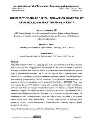 The Effect of Share Capital Finance on Profitability of Petroleum Marketing Firms in Kenya