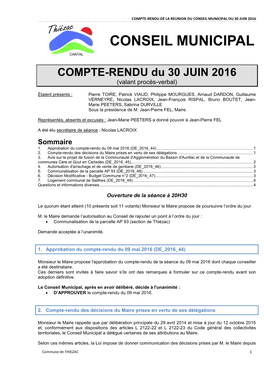 Compte-Rendu De La Reunion Du Conseil Municipal Du 30 Juin 2016 Conseil Municipal