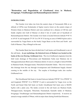 “Restoration and Regradation of Giruthumal River in Madurai, Sivagangai, Virudhunagar and Ramanathapuram District.”