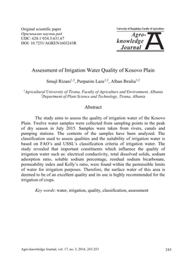 Assessment of Irrigation Water Quality of Kosovo Plain