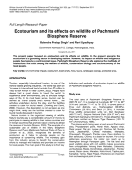 Ecotourism and Its Effects on Wildlife of Pachmarhi Biosphere Reserve
