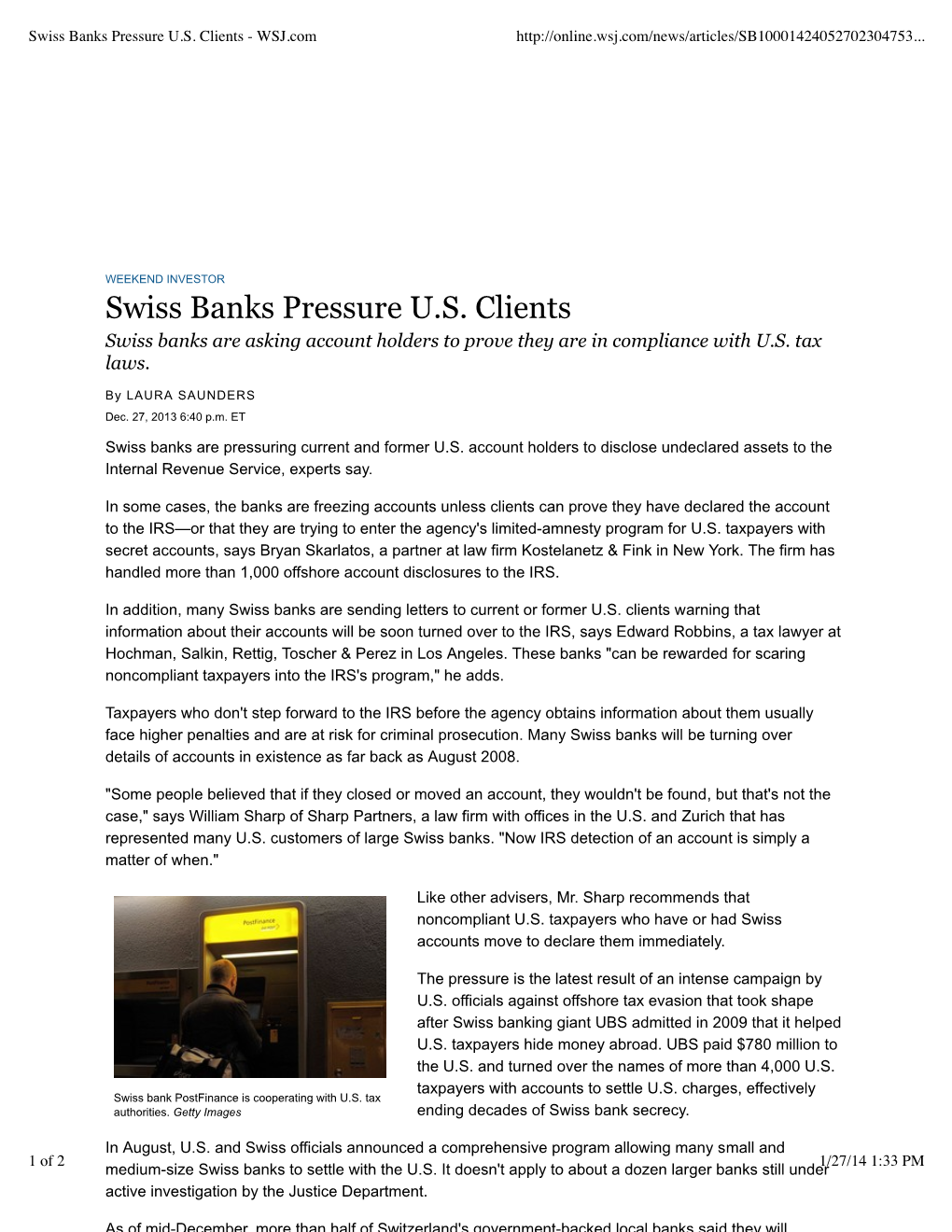 Swiss Banks Pressure US Clients