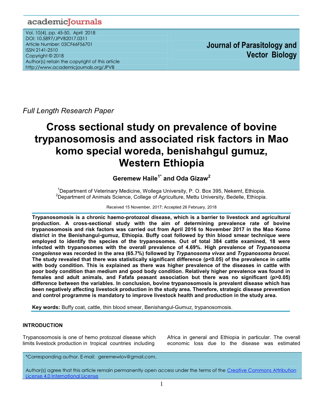 Cross Sectional Study on Prevalence of Bovine Trypanosomosis and Associated Risk Factors in Mao Komo Special Woreda, Benishahgul Gumuz, Western Ethiopia