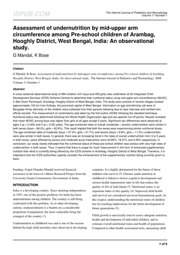 Assessment of Undernutrition by Mid-Upper Arm Circumference Among Pre-School Children of Arambag, Hooghly District, West Bengal, India: an Observational Study