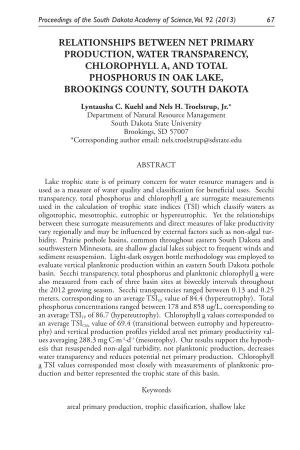 Relationships Between Net Primary Production, Water Transparency, Chlorophyll A, and Total Phosphorus in Oak Lake, Brookings County, South Dakota