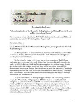 Report on the Conference “Internationalization of the Renminbi: Its Implications for China's Domestic Reform and the Internati