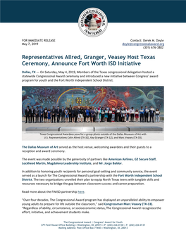 Representatives Allred, Granger, Veasey Host Texas Ceremony, Announce Fort Worth ISD Initiative