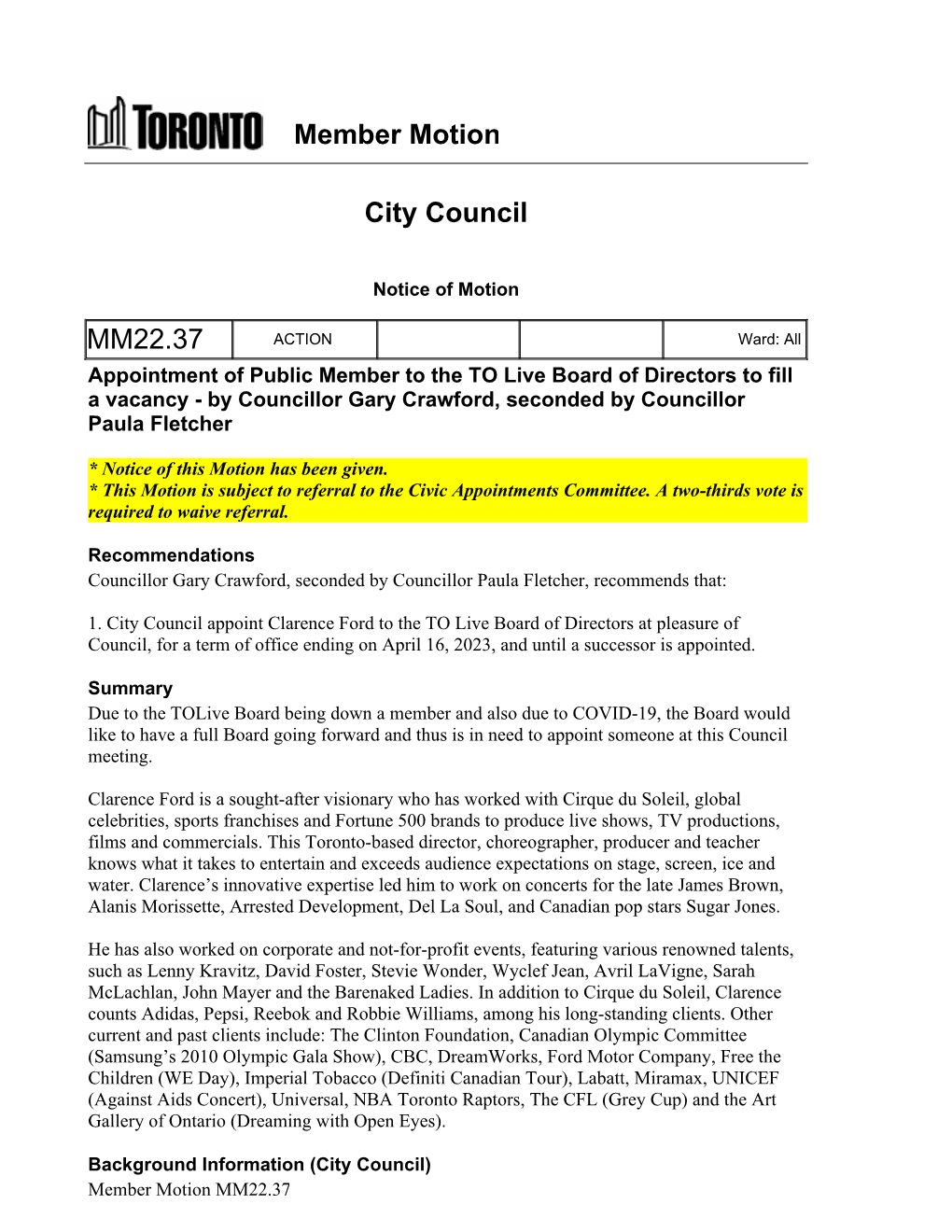 Member Motion City Council MM22.37
