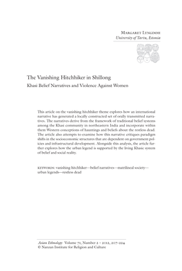 The Vanishing Hitchhiker in Shillong Khasi Belief Narratives and Violence Against Women