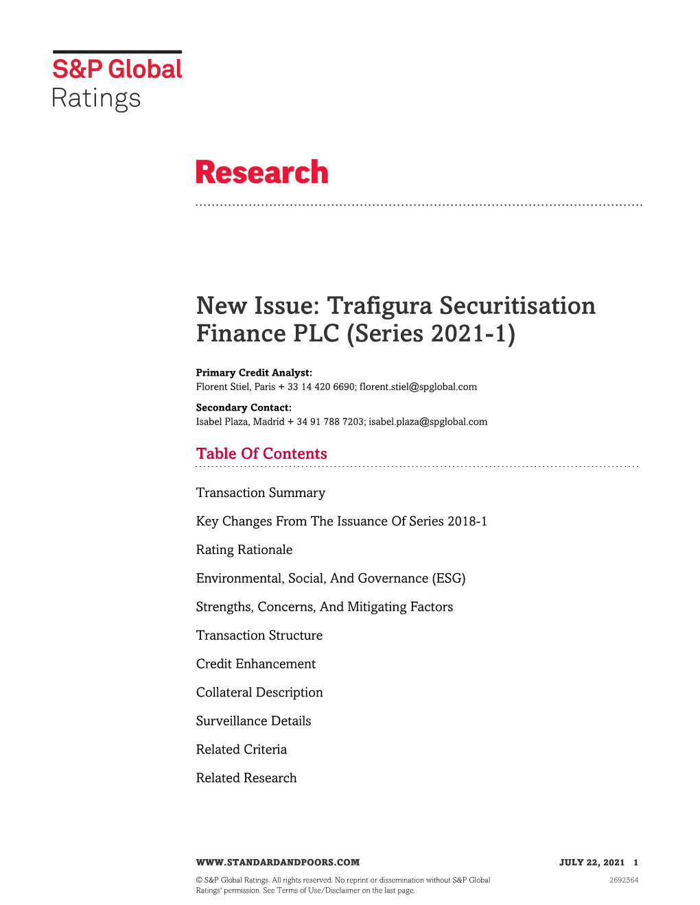 New Issue: Trafigura Securitisation Finance PLC (Series 2021-1)