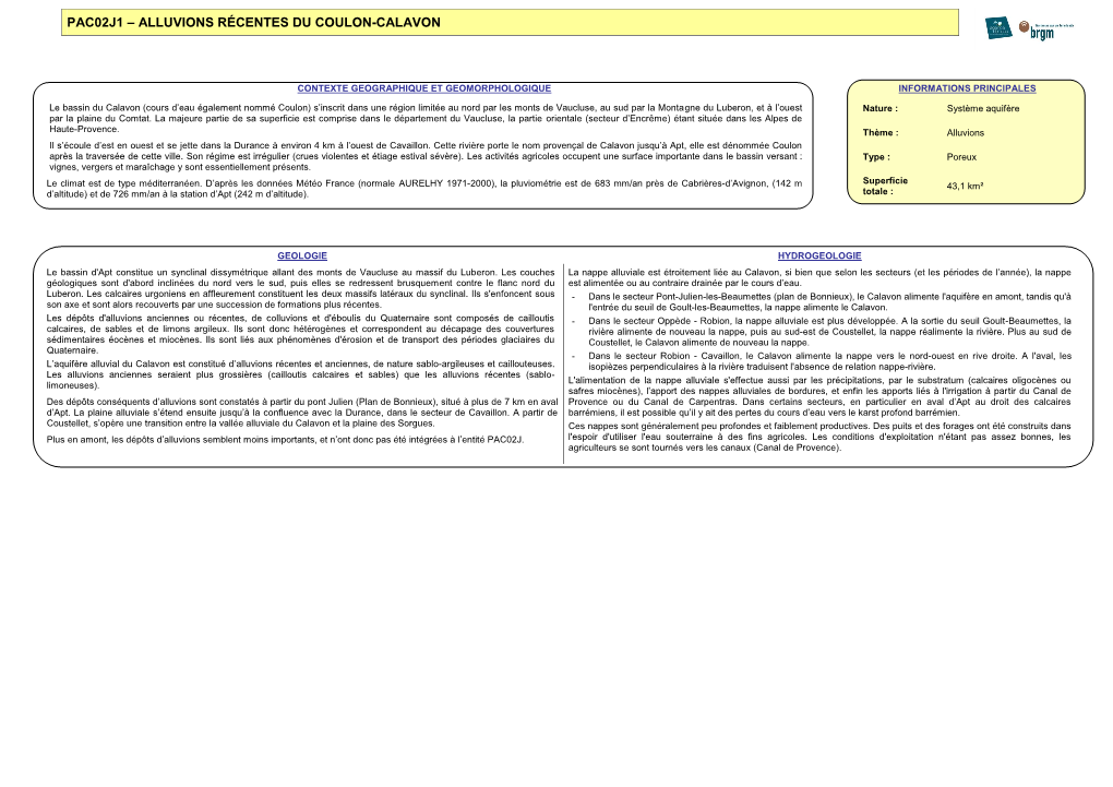 Pac02j1 – Alluvions Récentes Du Coulon-Calavon