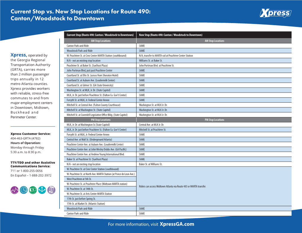 Current Stop Vs. New Stop Locations for Route 490: Canton/Woodstock to Downtown