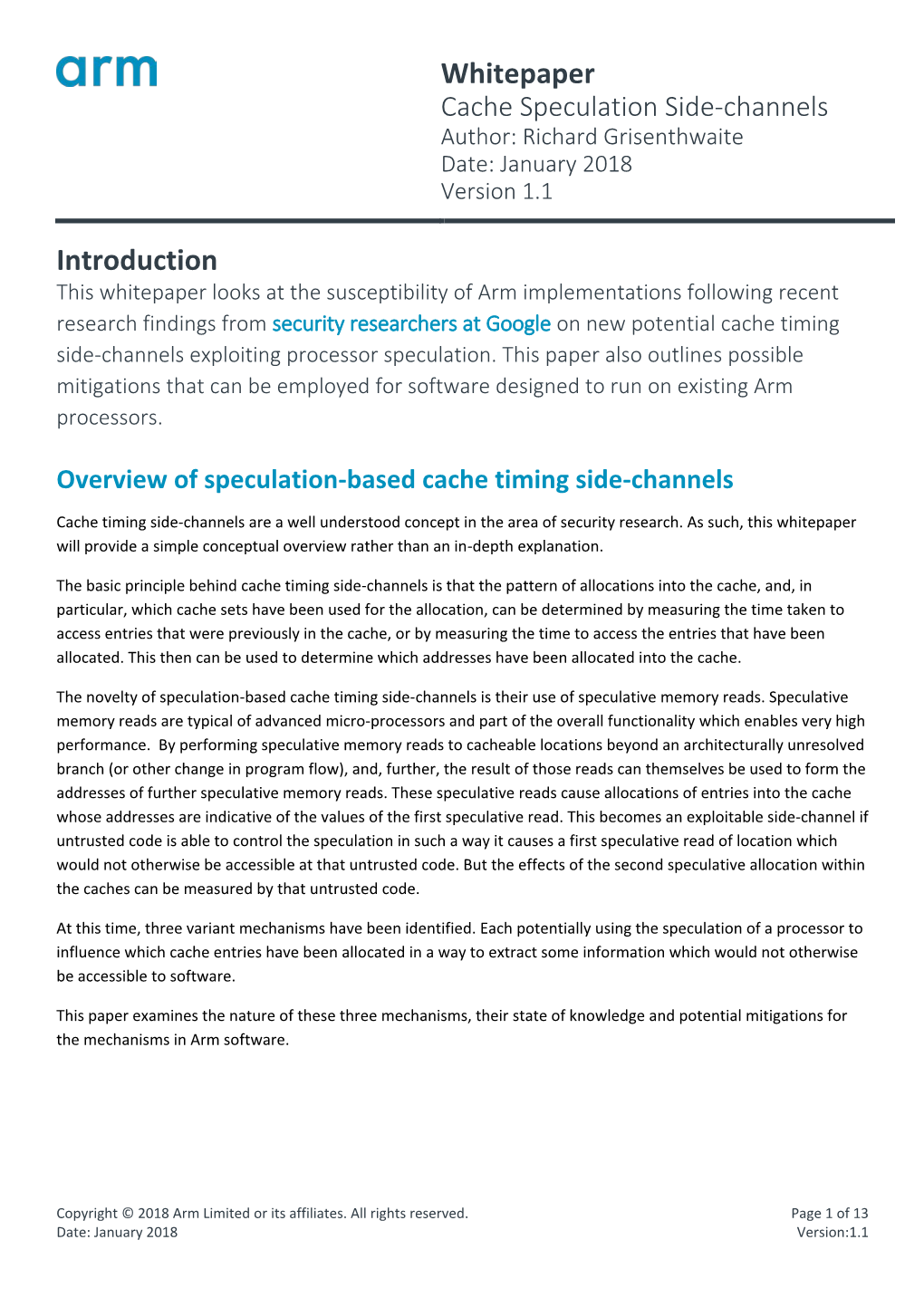 Whitepaper Cache Speculation Side-Channels Author: Richard Grisenthwaite Date: January 2018 Version 1.1