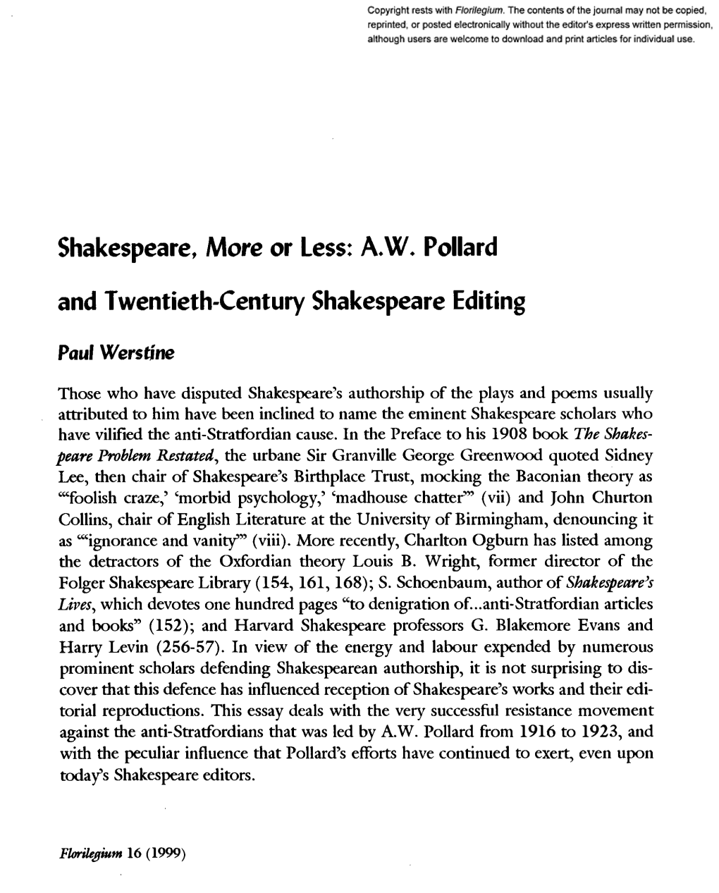 AW. Pollard and Twentieth-Century Shakespeare Editing