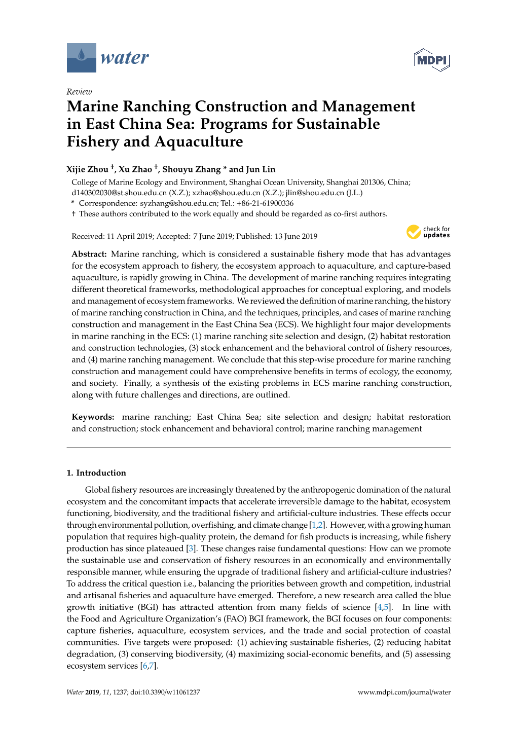 Marine Ranching Construction and Management in East China Sea: Programs for Sustainable Fishery and Aquaculture