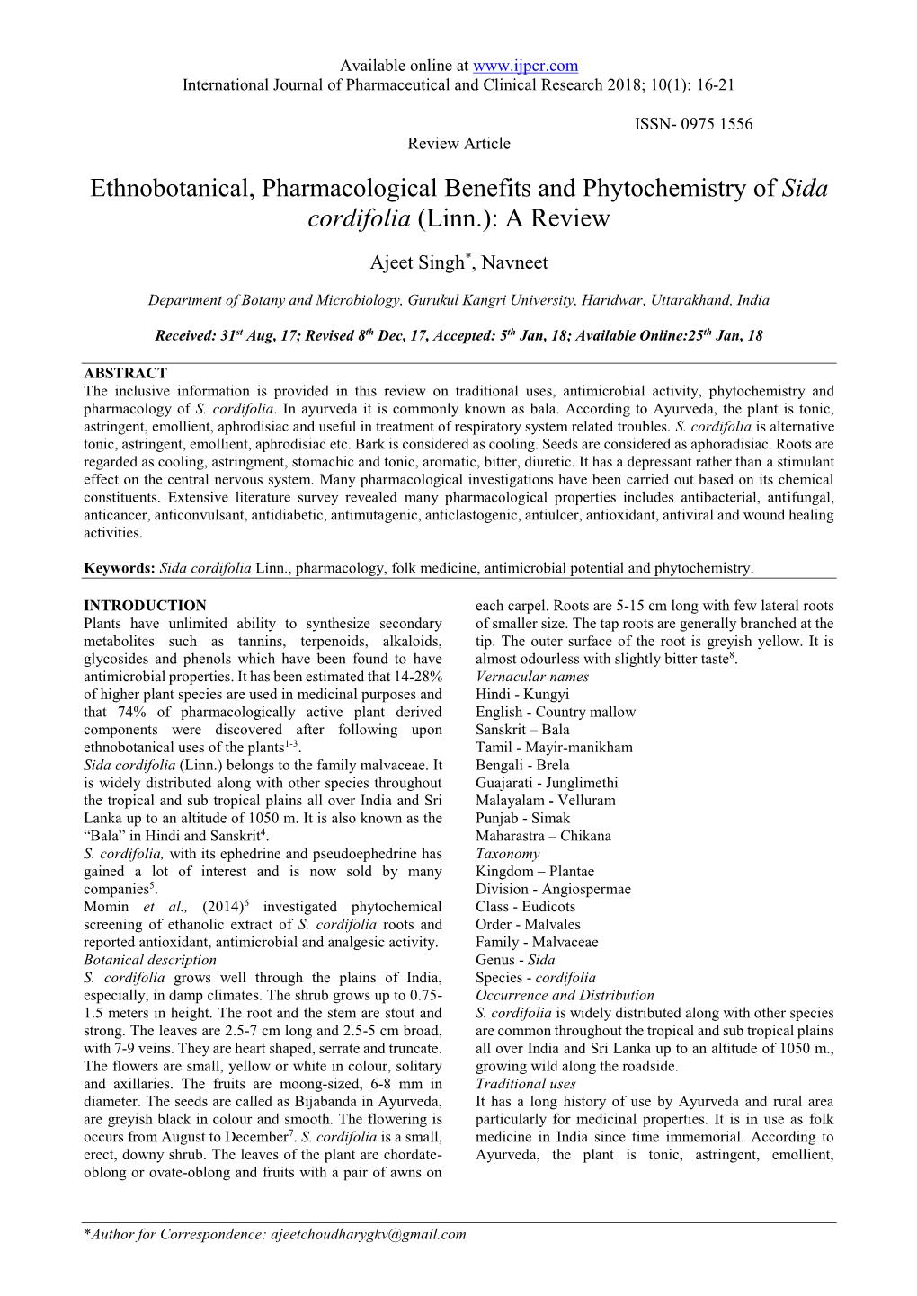 Ethnobotanical, Pharmacological Benefits and Phytochemistry of Sida Cordifolia (Linn.): a Review