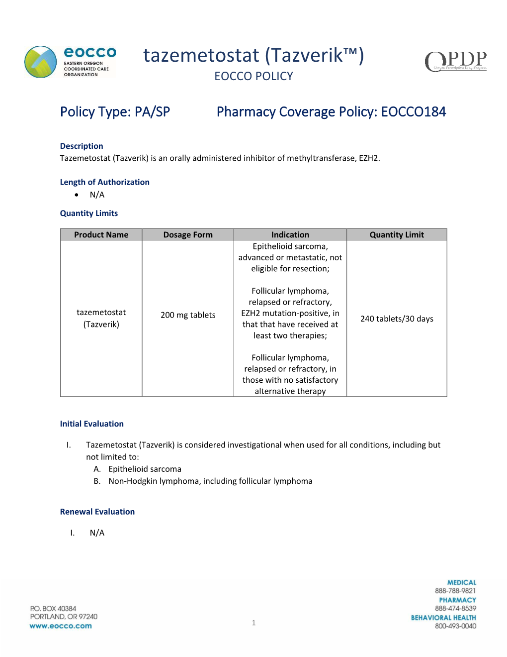 Tazemetostat (Tazverik™) EOCCO POLICY