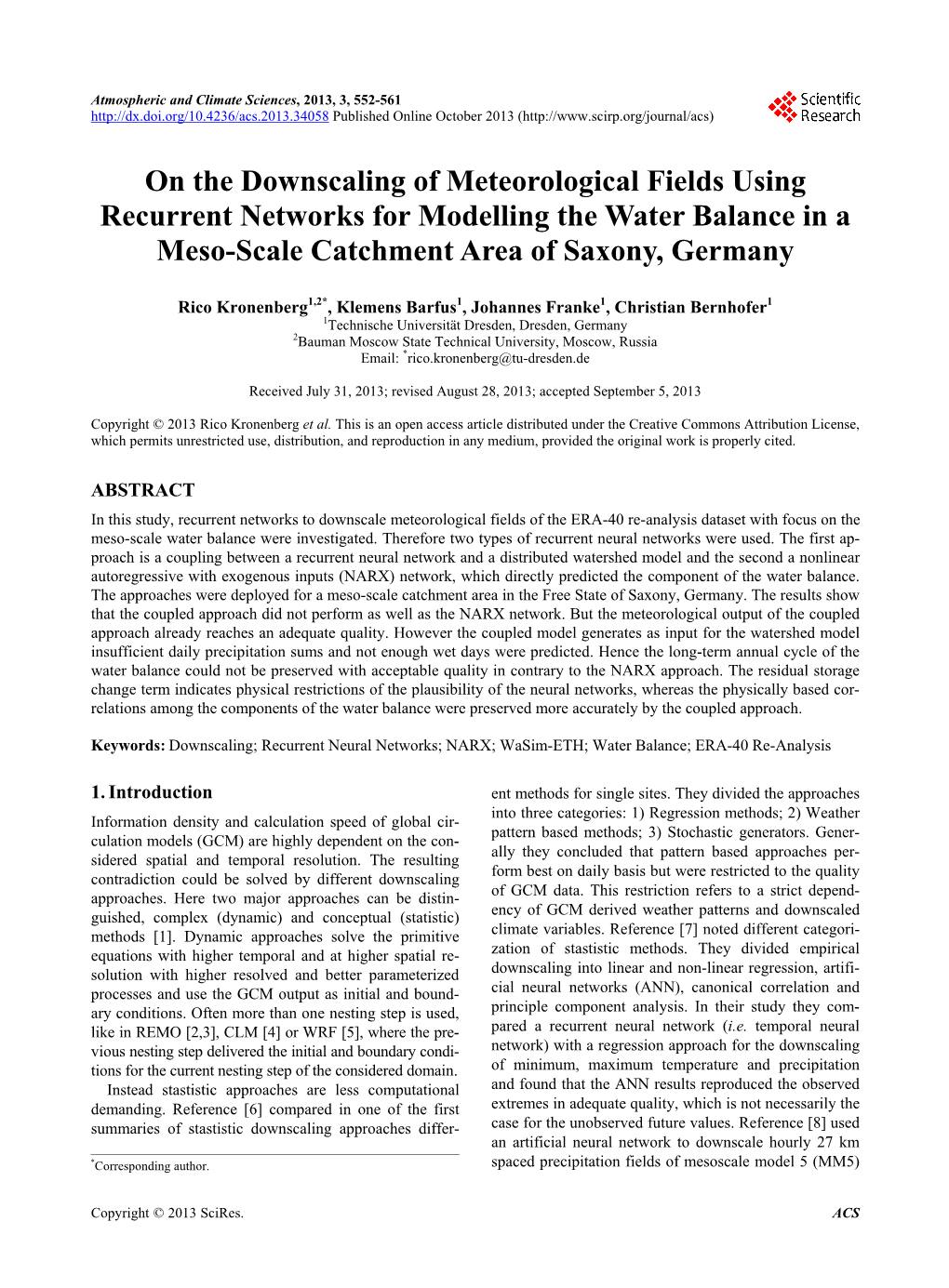 On the Downscaling of Meteorological Fields Using Recurrent Networks for Modelling the Water Balance in a Meso-Scale Catchment Area of Saxony, Germany