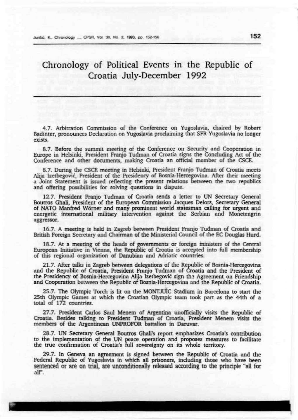 Chronology of Political Events in the Republic of Croatia July-December 1992
