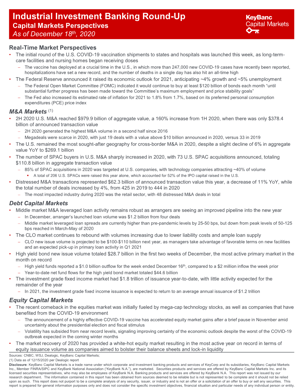 Industrial Investment Banking Round-Up Capital Markets Perspectives As of December 18Th, 2020