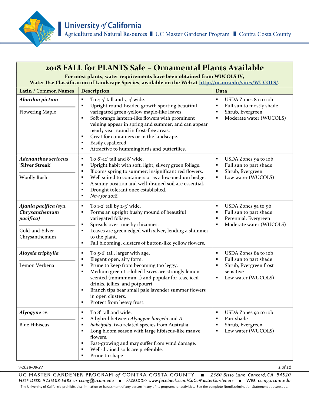 2018 Fall for Plants-Ornamental Plants List