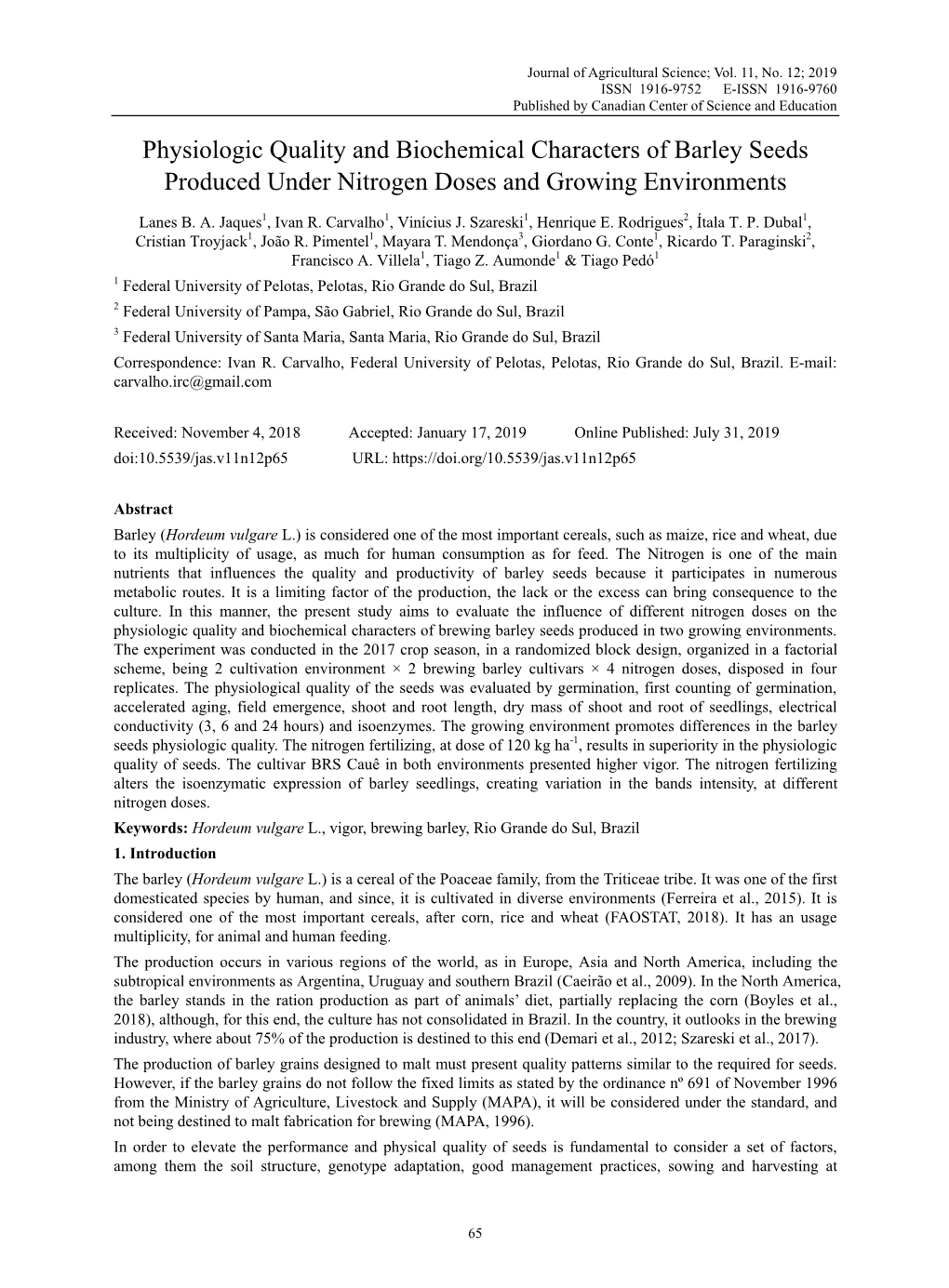 Physiologic Quality and Biochemical Characters of Barley Seeds Produced Under Nitrogen Doses and Growing Environments