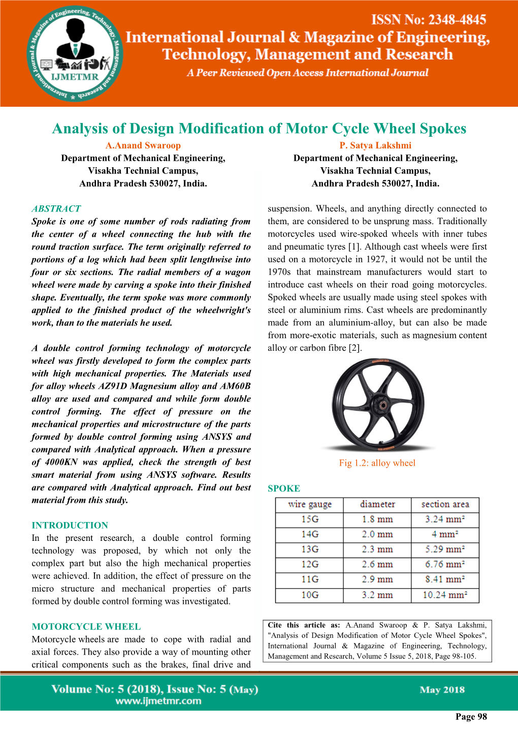 Analysis of Design Modification of Motor Cycle Wheel Spokes A.Anand Swaroop P