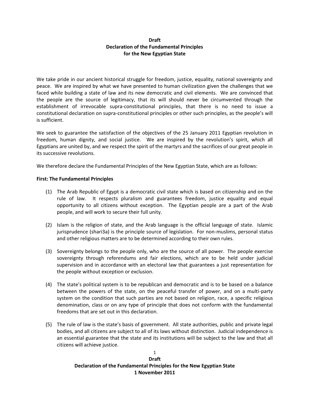 Draft Declaration of the Fundamental Principles for the New Egyptian State