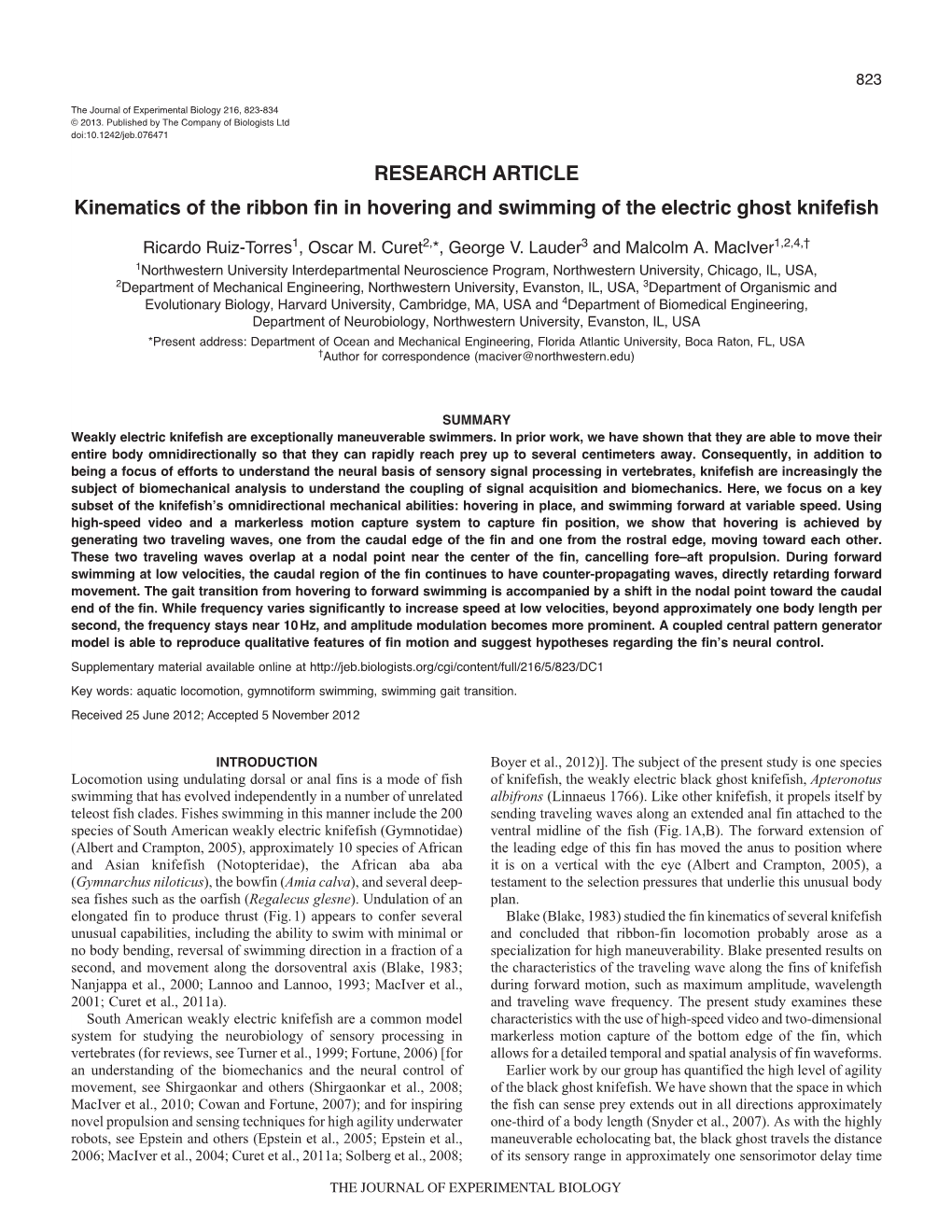 RESEARCH ARTICLE Kinematics of the Ribbon Fin in Hovering and Swimming of the Electric Ghost Knifefish