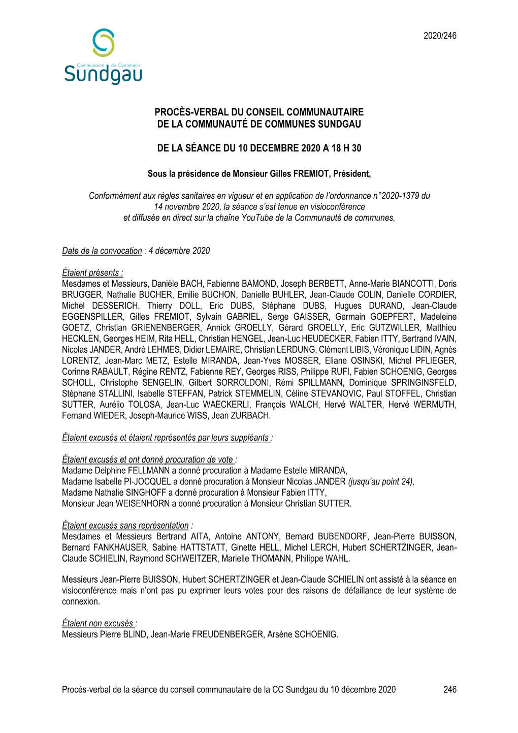 Procès-Verbal Du Conseil Communautaire De La Communauté De Communes Sundgau De La Séance Du 10 Decembre 2020 a 18 H 30