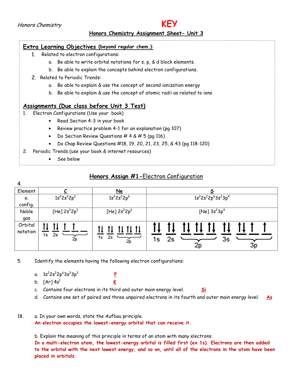 Extra Learning Objectives (Beyond Regular Chem.): Assignments (Due