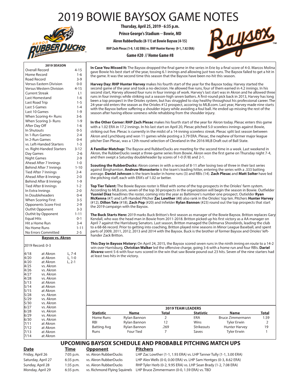 2019 BOWIE BAYSOX GAME NOTES Thursday, April 25, 2019 - 6:35 P.M