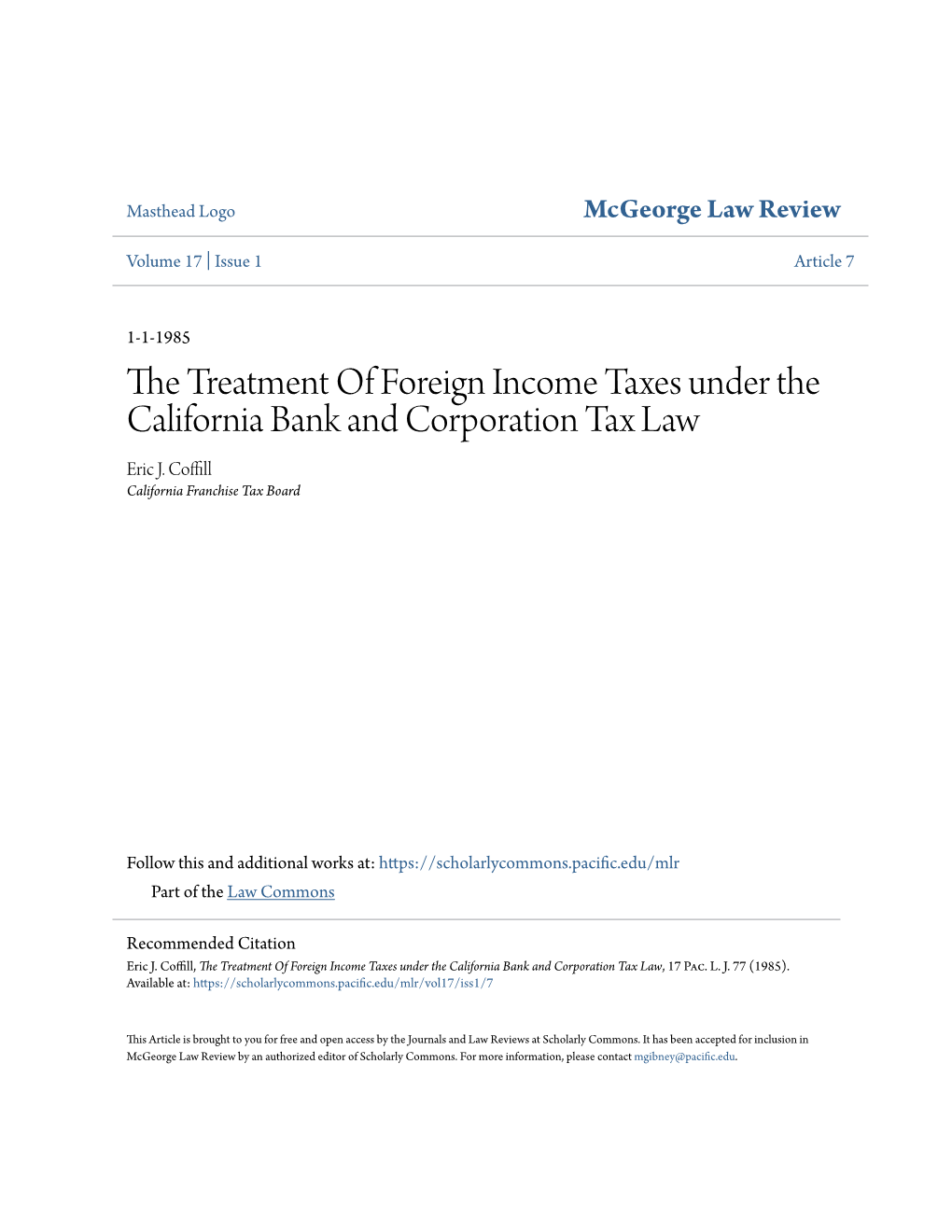 The Treatment of Foreign Income Taxes Under the California Bank and Corporation Tax Law, 17 Pac