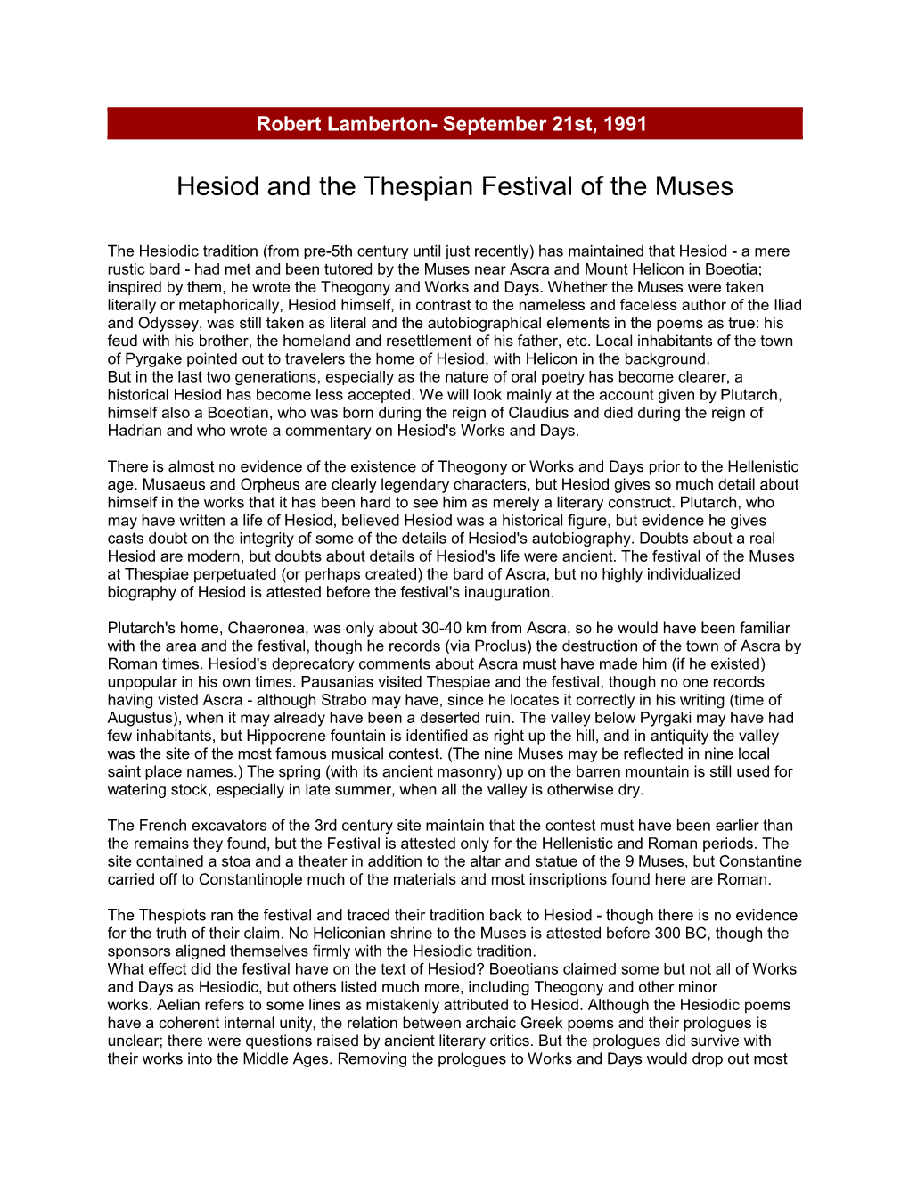 Hesiod and the Thespian Festival of the Muses