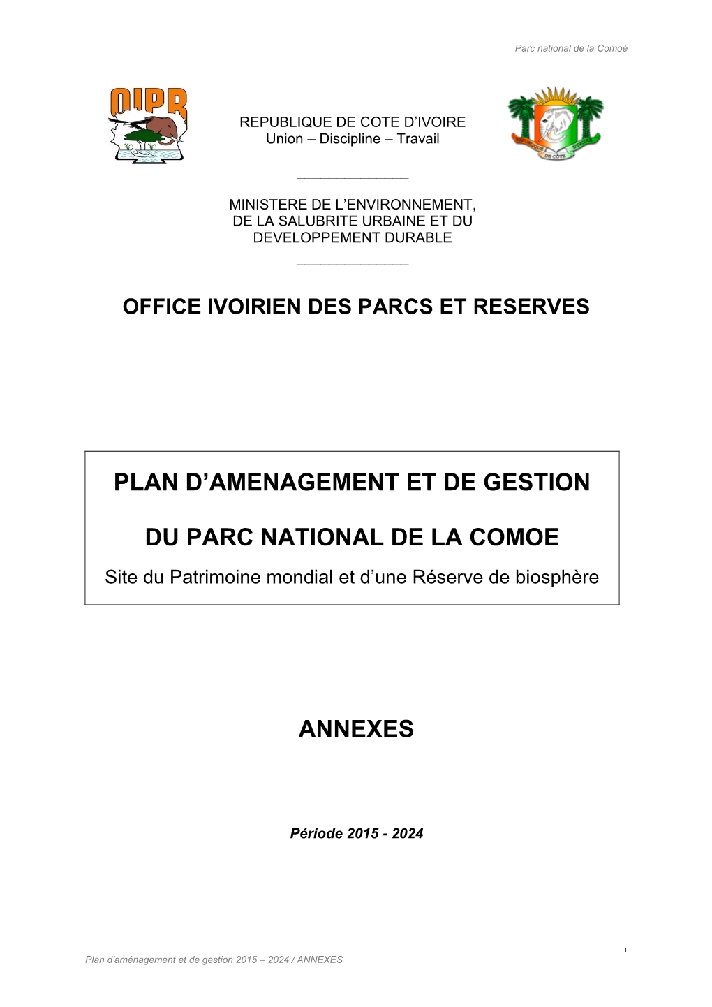 Plan D'amenagement Et De Gestion Du Parc National De La Comoe