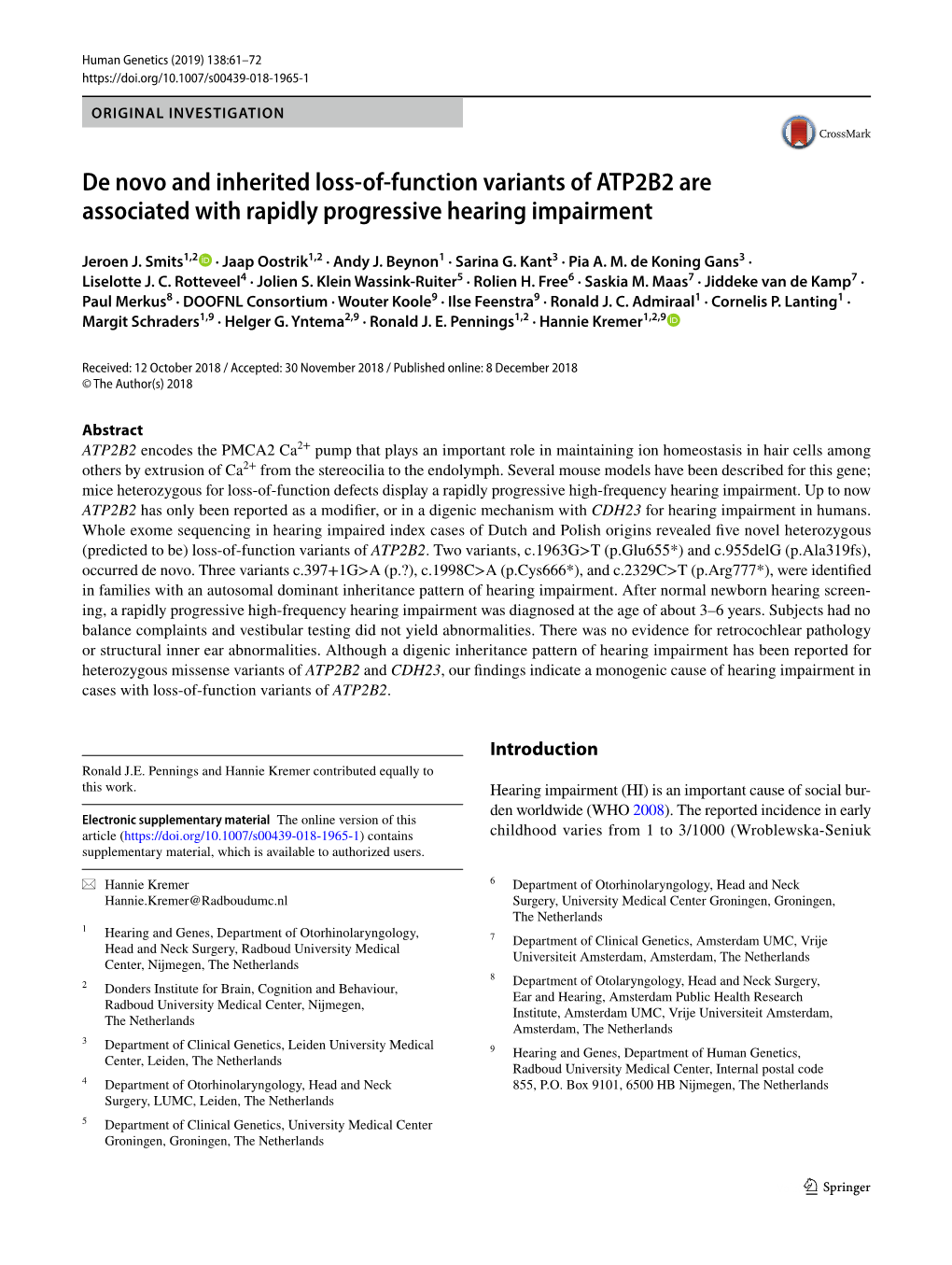 De Novo and Inherited Loss-Of-Function Variants of ATP2B2 Are Associated with Rapidly Progressive Hearing Impairment