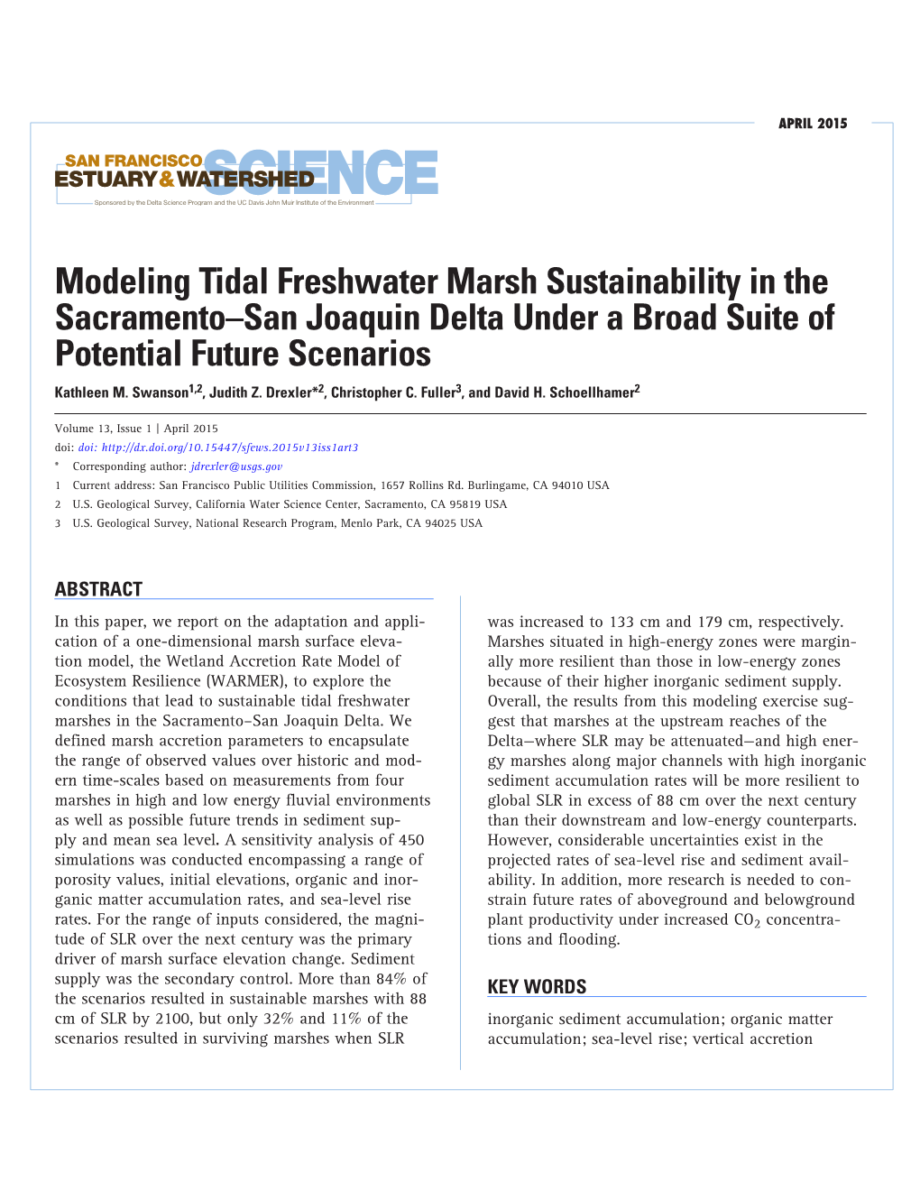 Modeling Tidal Freshwater Marsh Sustainability in the Sacramento–San Joaquin Delta Under a Broad Suite of Potential Future Scenarios Kathleen M