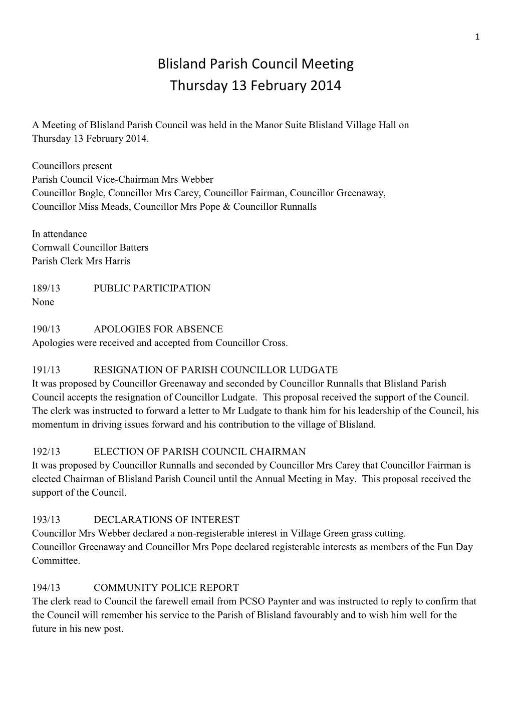 Blisland Parish Council Meeting Thursday 13 February 2014