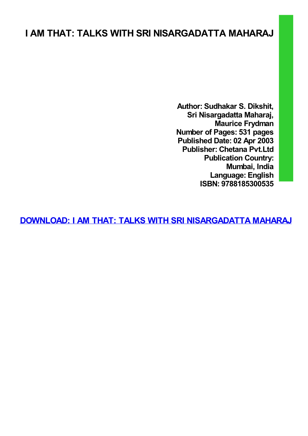 {FREE} I Am That: Talks with Sri Nisargadatta Maharaj Ebook