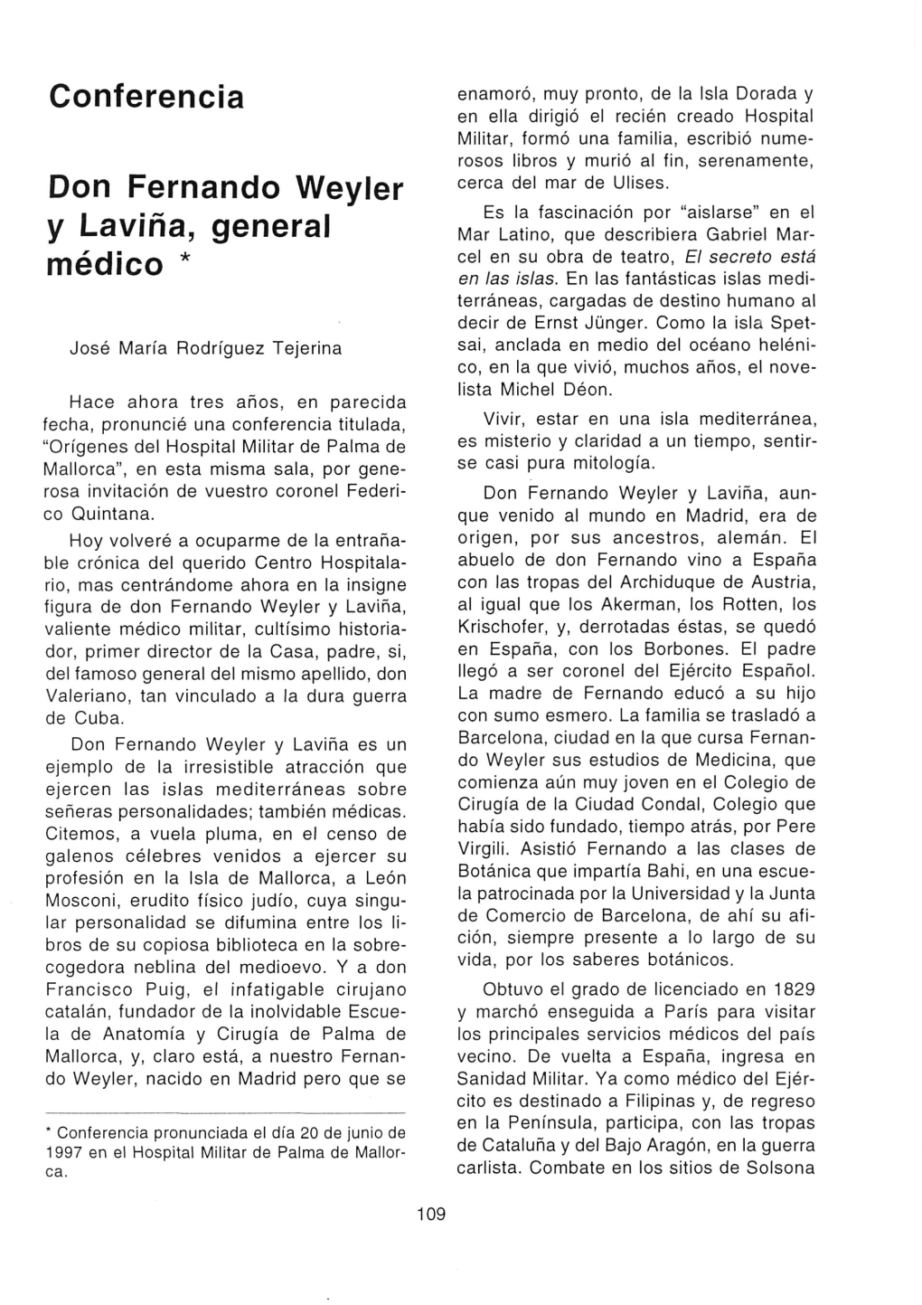 Conferencia Don Fernando Weyler Y Laviña, General Médico *