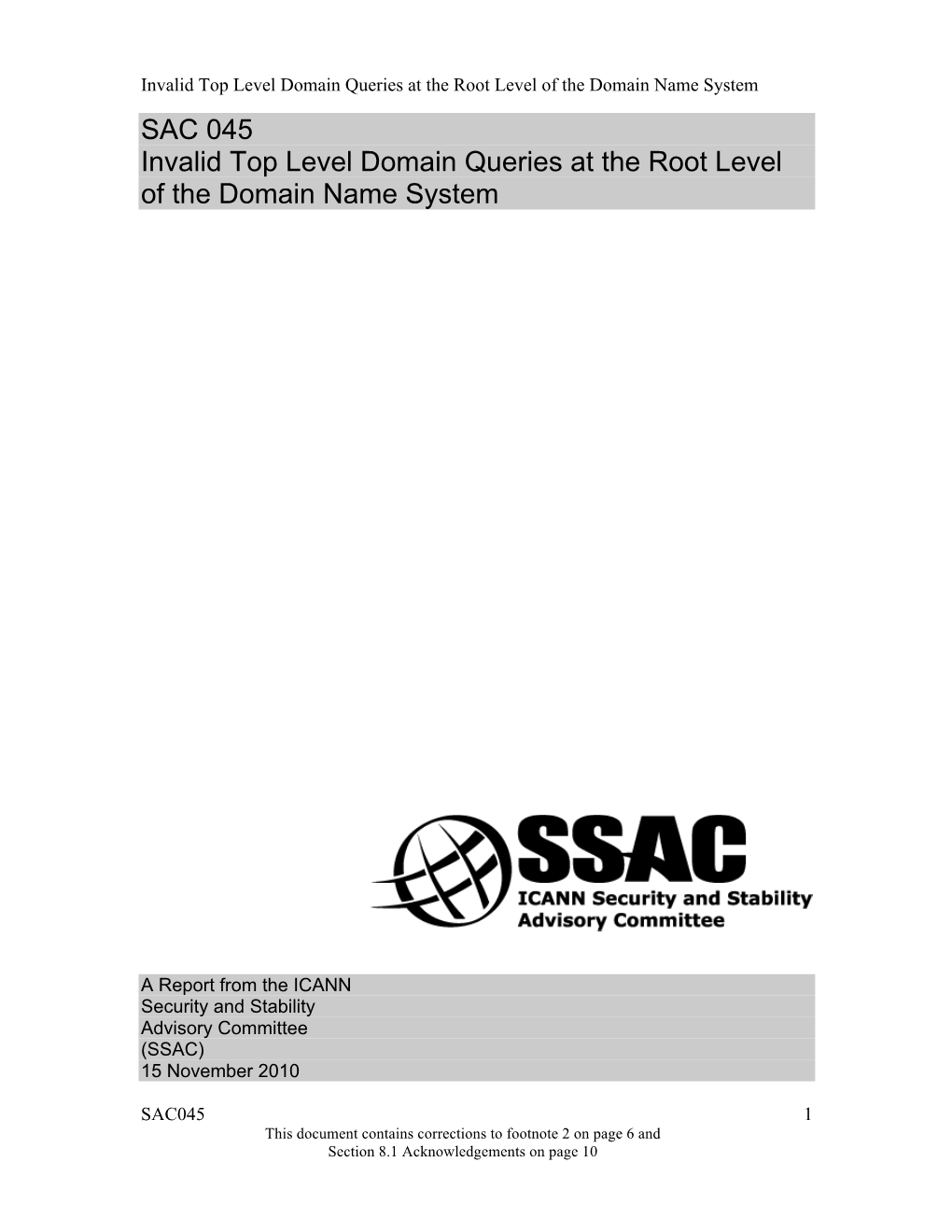 SAC 045 – Invalid Top Level Domain Queries at the Root Level